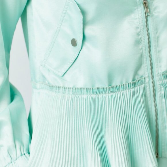 MYSTREE Mint Green Pleated Hem Bomber Jacket, Satin Zip-Up Lightweight Jacket - Picture 7 of 7